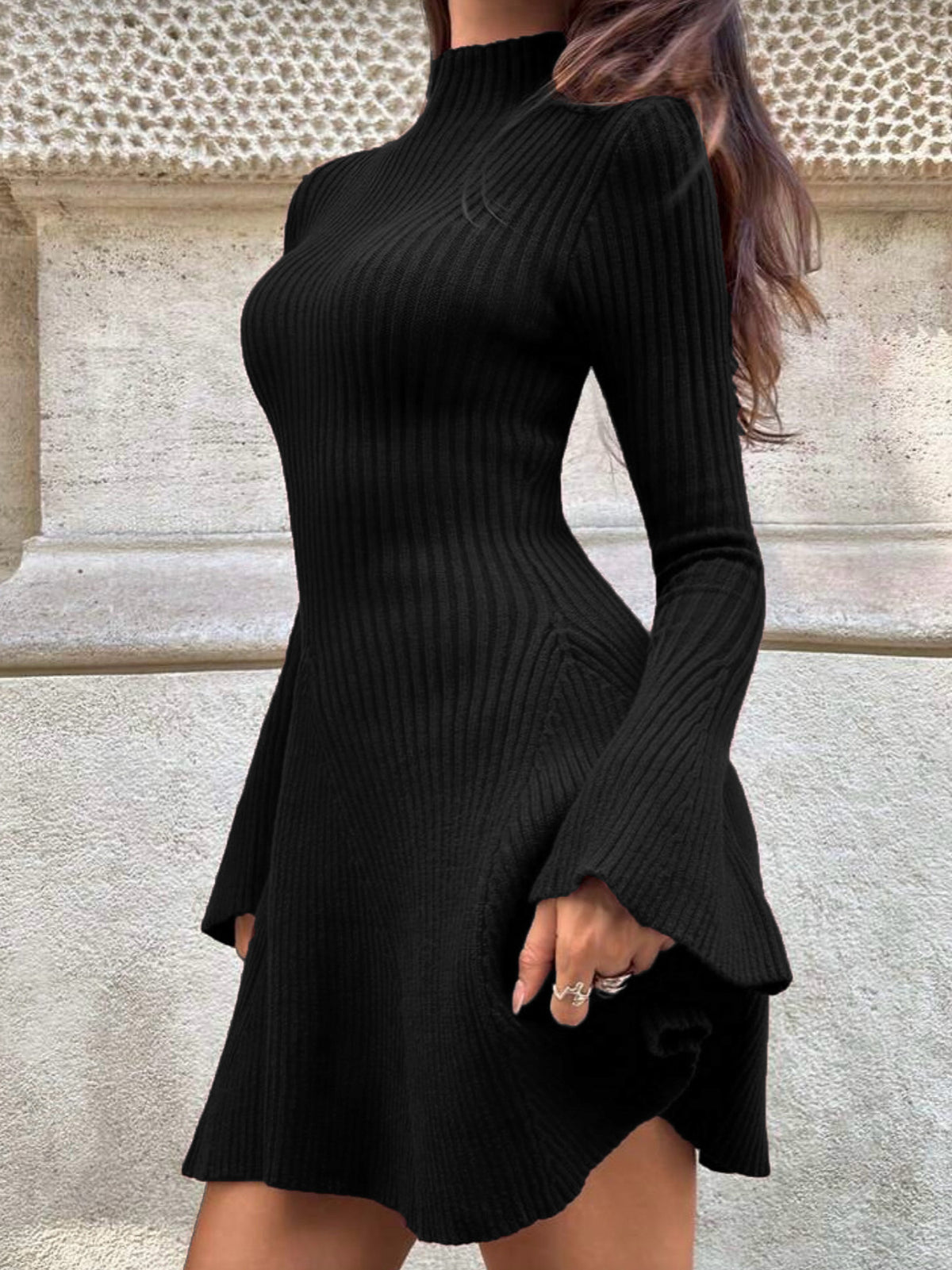 Long Sleeve Solid Color High Neck Slim Fit A-Line Knitted Sweater Dress-Black