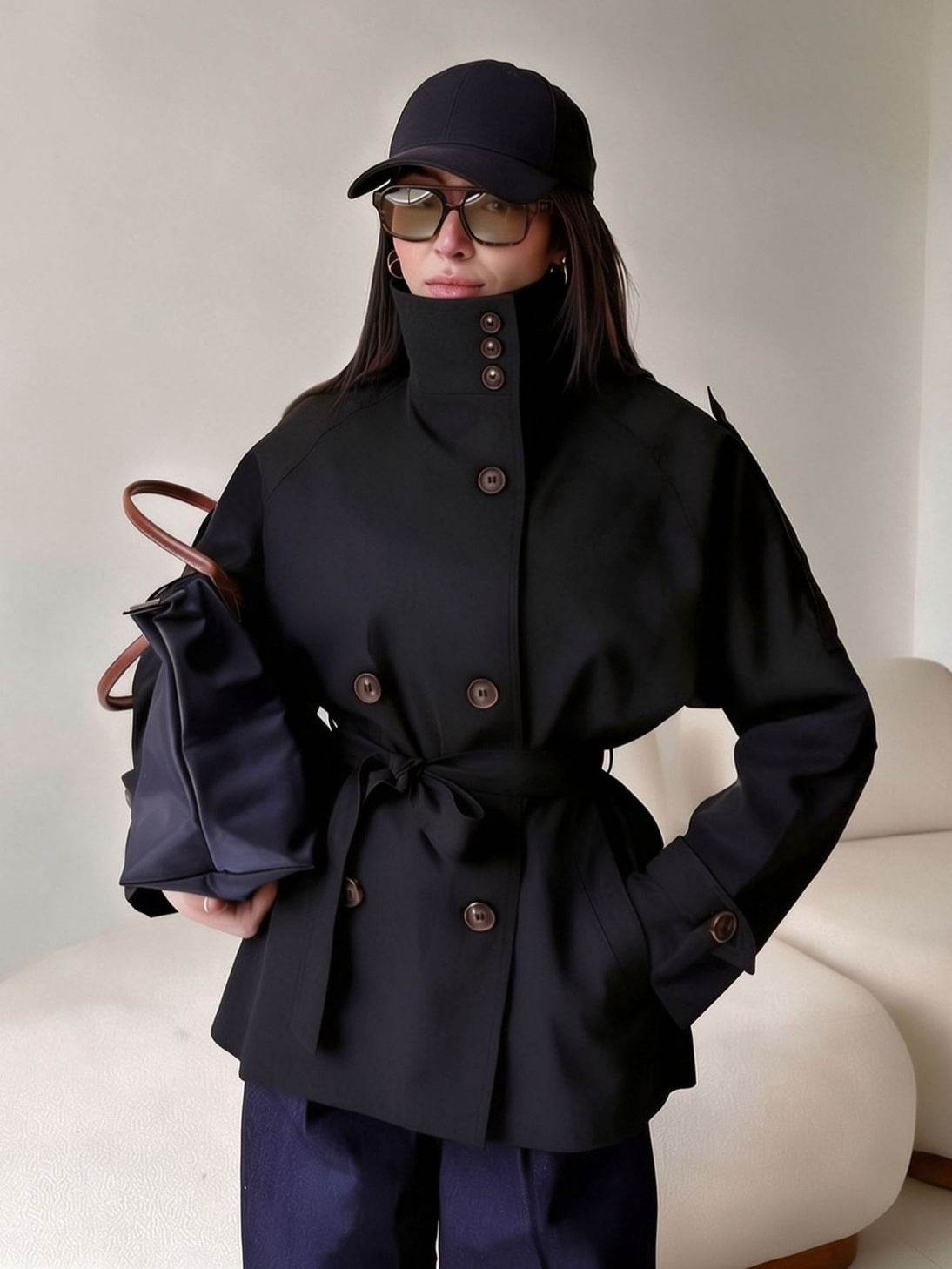 Loose Fit Tie-Waist Windproof Cargo Jacket Mid-Length Outerwear-Black