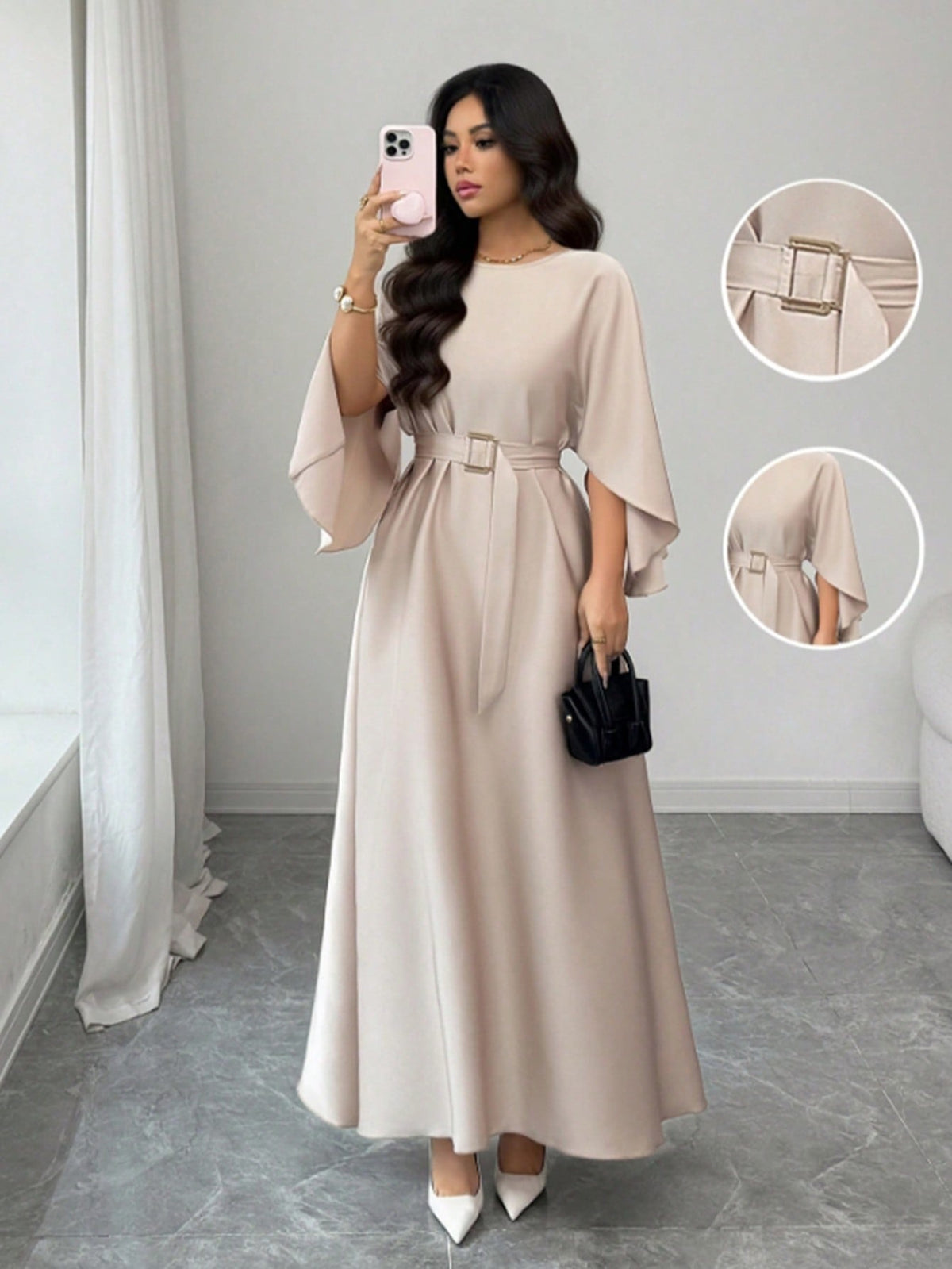Round Neck Waist-Cinched Tie-Waist Long Dress Loose Batwing Sleeve Solid Color Elegant Dress-White