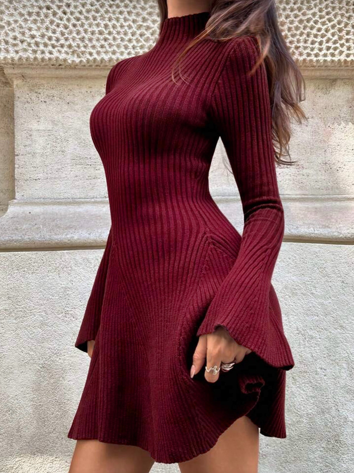 Long Sleeve Solid Color High Neck Slim Fit A-Line Knitted Sweater Dress-Red