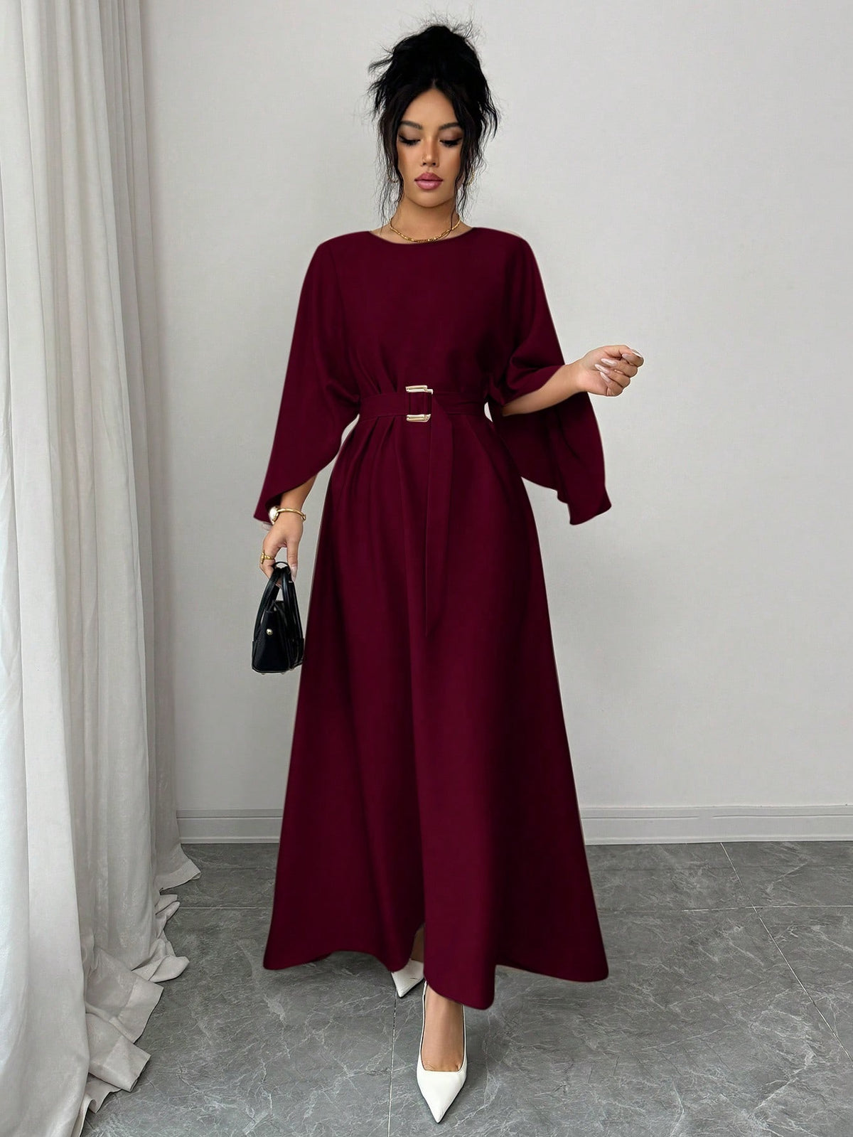 Round Neck Waist-Cinched Tie-Waist Long Dress Loose Batwing Sleeve Solid Color Elegant Dress-Red