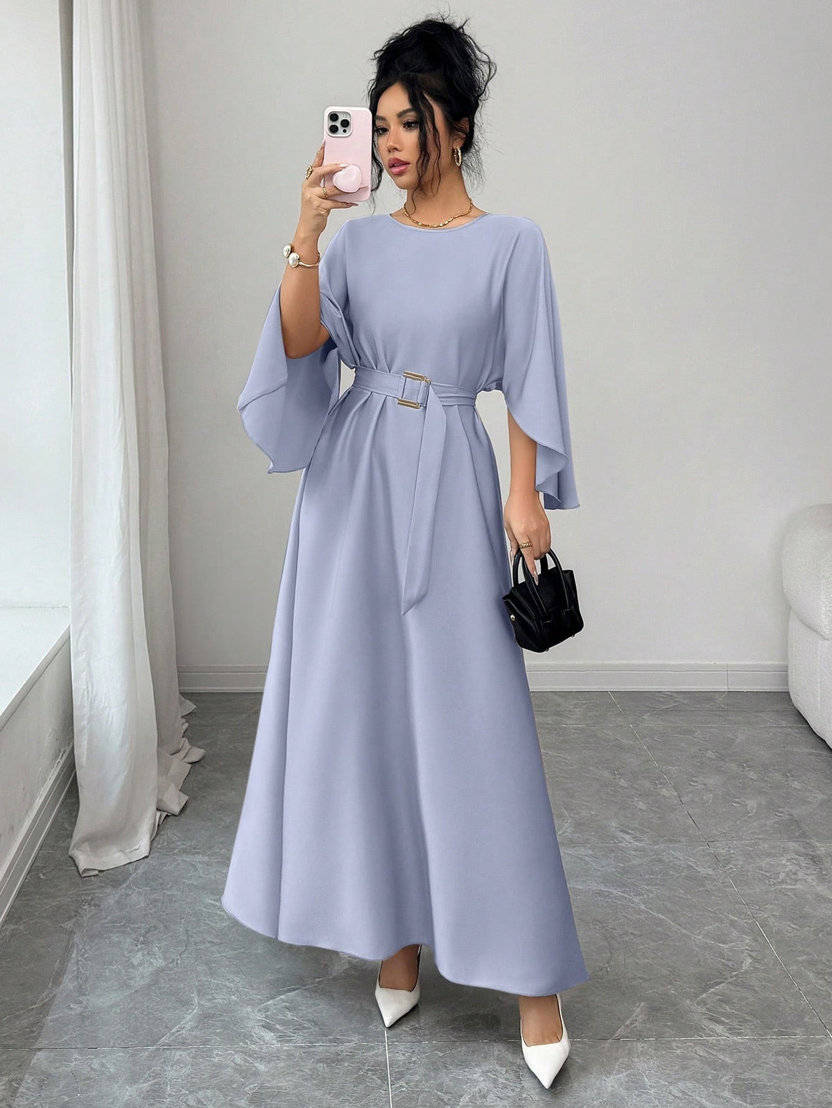 Round Neck Waist-Cinched Tie-Waist Long Dress Loose Batwing Sleeve Solid Color Elegant Dress-Blue