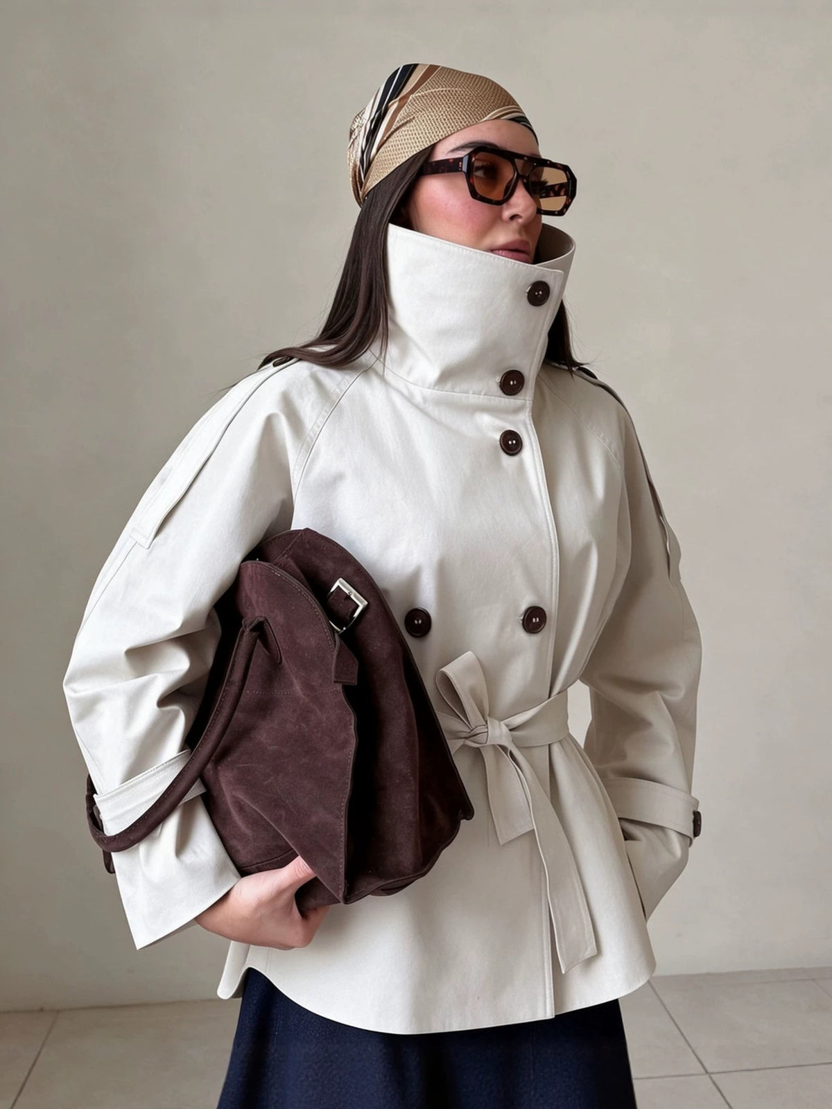 Loose Fit Tie-Waist Windproof Cargo Jacket Mid-Length Outerwear-White