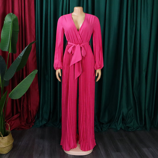 New summer style: V-neck, sexy lace-up, pleated wide-leg plus-size export jumpsuit-Pink