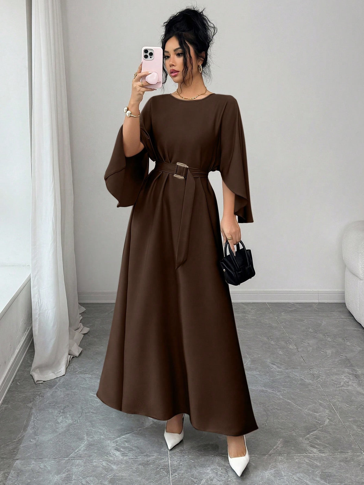 Round Neck Waist-Cinched Tie-Waist Long Dress Loose Batwing Sleeve Solid Color Elegant Dress-Brwon