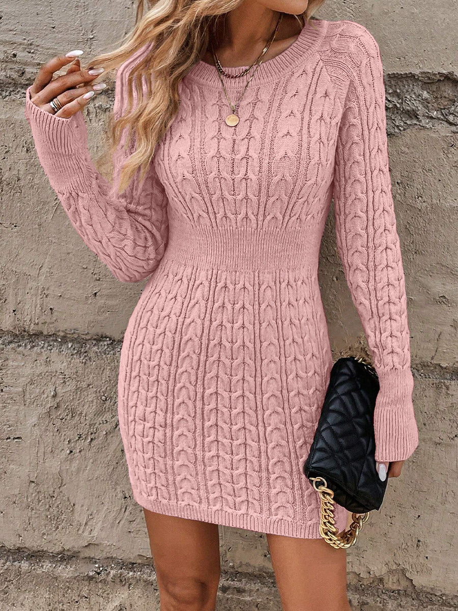 Pullover Round Neck Solid Color Slim Fit Bodycon Cable Ribbed Knit Dress-Pink