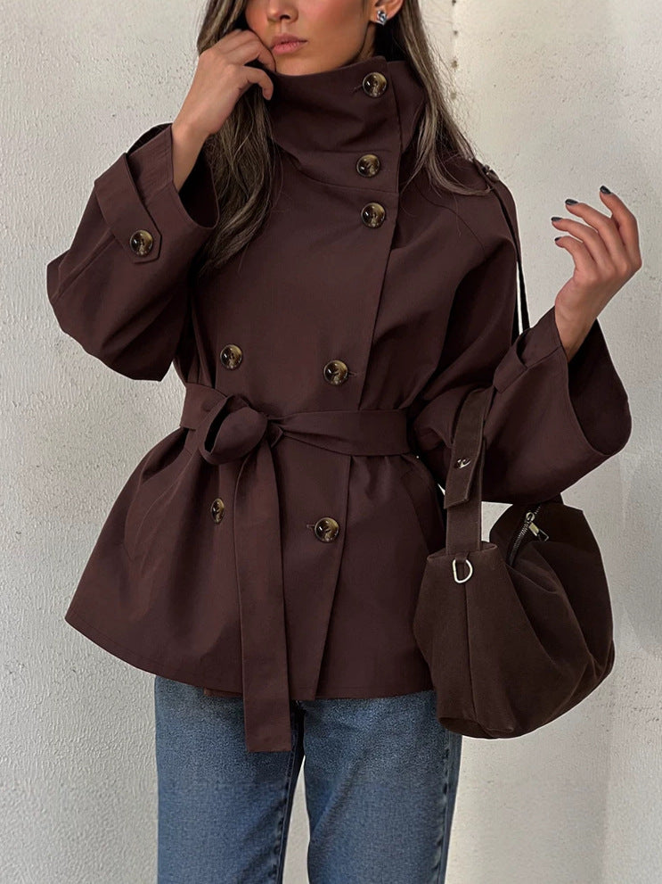 Loose Fit Tie-Waist Windproof Cargo Jacket Mid-Length Outerwear-Brown