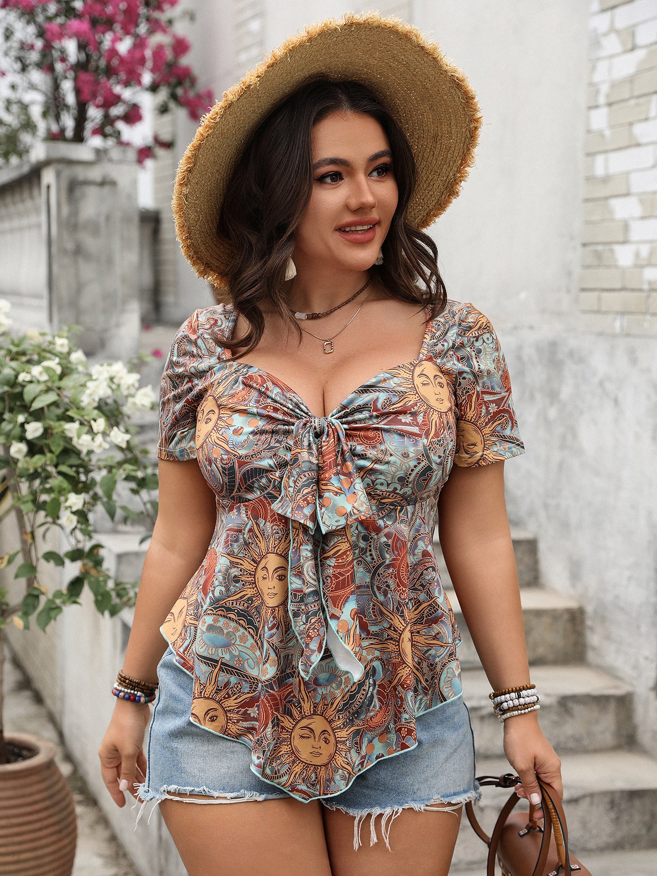 2026 New Arrival Plus Size Fashion Sexy Tie-Waist Loose Fit Printed Top for Women